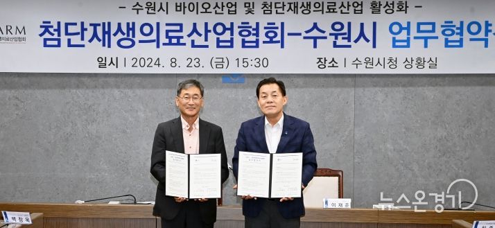 이재준 수원시장(오른쪽)과 이득주 첨단재생의료산업협회장이 협약 체결 후 함께하고 있다.