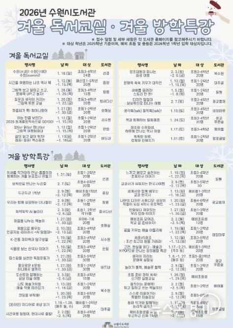 수원시도서관 2026년 겨울방학 독서문화프로그램 홍보물