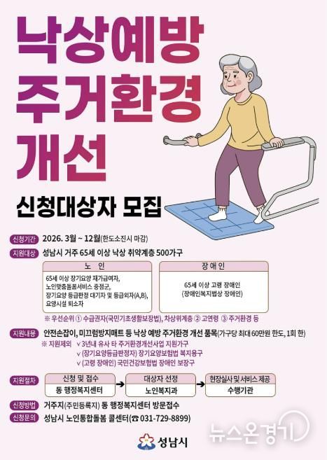 성남시, 낙상 위험 노인 500가구 주거환경 개선…3억원 투입