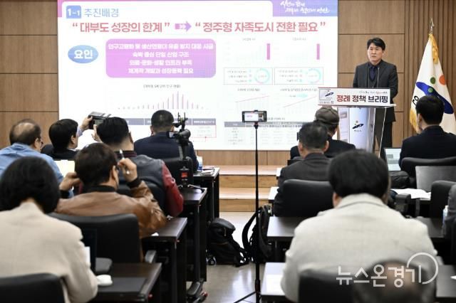 박진우 청년정책관이 17일 오전 안산시청 제1회의실에서 개최된 3월 정책브리핑에서 청년친화도시 안산의 청년정책에 대해 발표하고 있다.